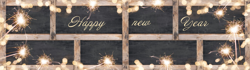 Happy new year / silvester background banner panorama texture- Collage set of empty dark blackboard...