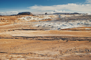 Fields with geothermal sulfur fumes. Iceland.
