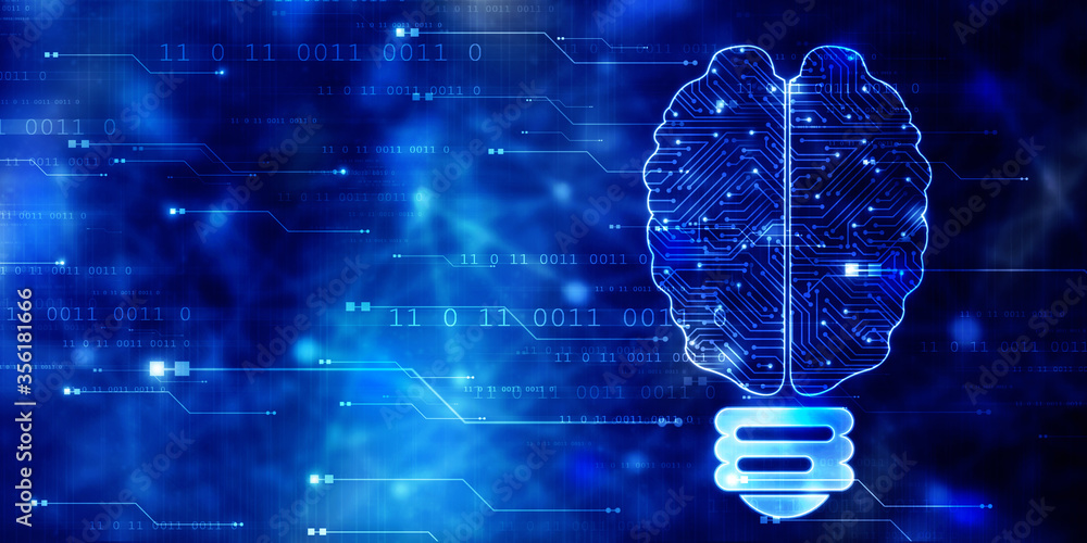 Poster 2d illustration concept of thinking, background with brain, abstract artificial intelligence. techno