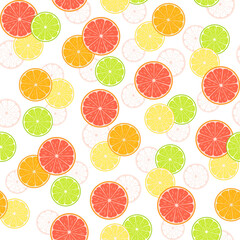 Fototapeta premium Abstract citruses, lemon, grapefruit, orange and lime on a white. Vector seamless pattern, design template for wallpaper, wrapping paper, packaging, printing on fabric, textile, clothes and bags