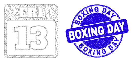 Obraz premium Web mesh 13th Friday calendar page icon and Boxing Day stamp. Blue vector rounded grunge seal stamp with Boxing Day caption.