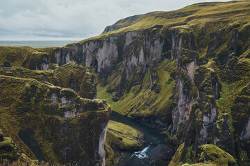 Canyon Fjadrargljufur, Iceland. Autumn, rainy day.