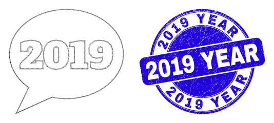 Web mesh 2019 message balloon icon and 2019 Year stamp. Blue vector rounded scratched stamp with 2019 Year message. Abstract frame mesh polygonal model created from 2019 message balloon icon.