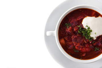 Traditional Ukrainian Russian borsch. Beetroot soup isolated on white background copy space