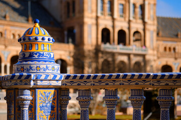 Close up view ceramic tiled railings blue white color architectural details of Plaza de Espana....