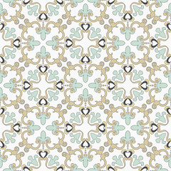 Fototapeta na wymiar Seamless Damask pattern. Majolica pottery tile, blue, white and gold azulejo, original traditional Portuguese and Spain decor. Seamless pattern with Victorian motives. Vector illustration.