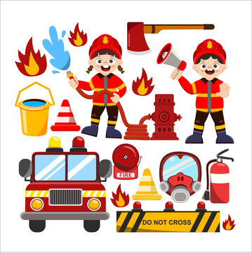 Set of characters of Profession Firefighter with Fire safety equipments. Firefighter