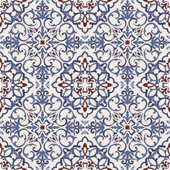 Seamless Damask pattern. Majolica pottery tile, blue, brown and gray azulejo, original traditional Portuguese and Spain decor. Seamless pattern with Victorian motives. Vector illustration.