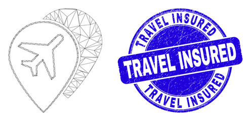 Web mesh airport map markers pictogram and Travel Insured seal stamp. Blue vector rounded scratched seal stamp with Travel Insured caption.