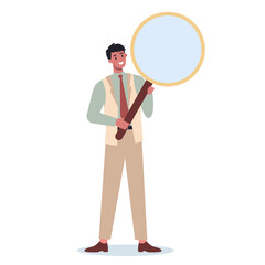 Business person in formal office clothes holding a magnifying glass.