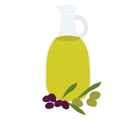 Glass jug with olive oil. Green and black olives. Vector illustration isolated on a white background.