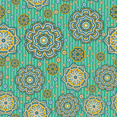 Seamless ornamental oriental pattern. Repeating striped tiles with mandala. Vector laced decorative background with floral and geometric ornament. Indian or Arabic motive. Boho festival style