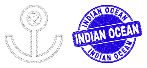 Web carcass anchor pictogram and Indian Ocean stamp. Blue vector rounded textured seal stamp with Indian Ocean text. Abstract carcass mesh polygonal model created from anchor pictogram.
