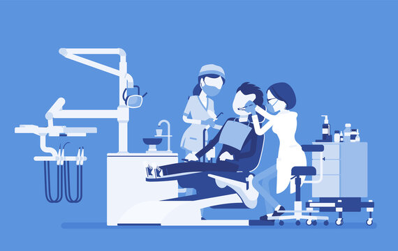 Female dentist at work in clinic. Dentistry office with professional equipment, male patient in reception room for dental therapy and teeth medicine help. Vector creative stylized illustration