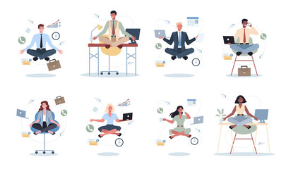 Business woman and man in lotus pose set. Employee meditate