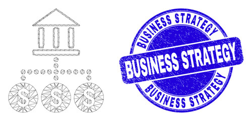 Web mesh bank hierarchy icon and Business Strategy stamp. Blue vector round distress stamp with Business Strategy caption. Abstract frame mesh polygonal model created from bank hierarchy icon.