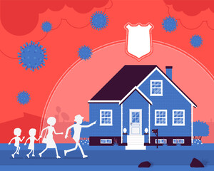 Safe house, stay home, self-isolate for black family protection. Parents and children running in quarantine, distancing to prevent spread of viruses, infections. Vector creative stylized illustration