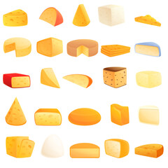 Cheese icons set. Cartoon set of cheese vector icons for web design