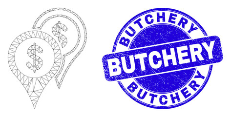 Fototapeta premium Web carcass bank map markers pictogram and Butchery seal stamp. Blue vector round textured stamp with Butchery caption. Abstract carcass mesh polygonal model created from bank map markers pictogram.