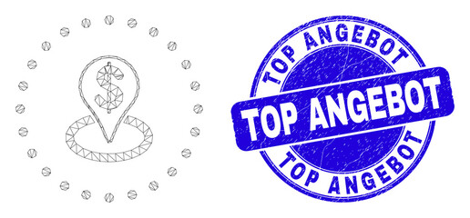 Web mesh bank placement icon and Top Angebot watermark. Blue vector rounded distress seal stamp with Top Angebot title. Abstract frame mesh polygonal model created from bank placement icon.