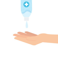 Hand holding hands sanitizer bottle with hands design, Disinfects clean antibacterial and hygiene theme Vector illustration