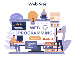 Web programming online service or platform. Coding, testing