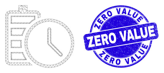 Web mesh battery charge time pictogram and Zero Value seal stamp. Blue vector round distress seal stamp with Zero Value title.