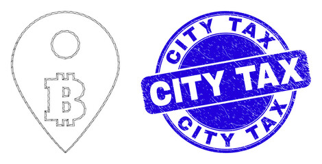 Web carcass bitcoin map marker icon and City Tax stamp. Blue vector round distress stamp with City Tax title. Abstract carcass mesh polygonal model created from bitcoin map marker icon.