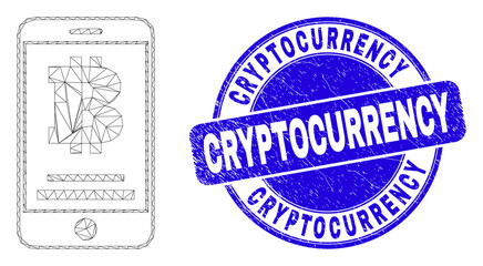 Obraz premium Web mesh bitcoin mobile account pictogram and Cryptocurrency seal. Blue vector rounded distress seal stamp with Cryptocurrency text.