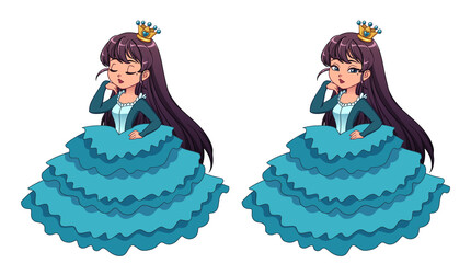 Pretty little princess with black hair and tan skin wearing cyan ball dress. © TomatoLaccoon