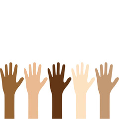 Obraz premium Różny odcień skóry wielu uniesionych rąk.