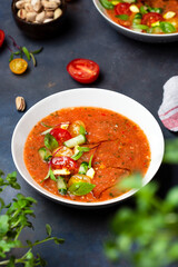 Spanish cold tomato soup gazpacho with Basil