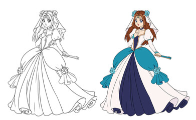 Beautiful fantasy anime princess wearing tiara and gown dress.