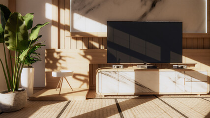 living room granite white wall background with decoration japan style design and shelf wall. 3d rendering