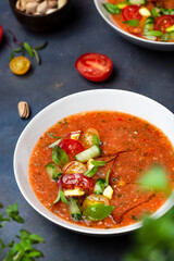 Spanish cold tomato soup gazpacho with Basil