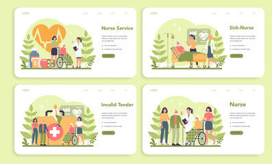 Fototapeta premium Nurse service web banner or landing page set. Medical occupation