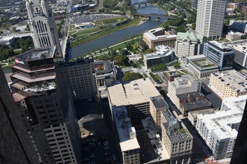 An aerial of the Columbus, Ohio city center on a beautiful morning