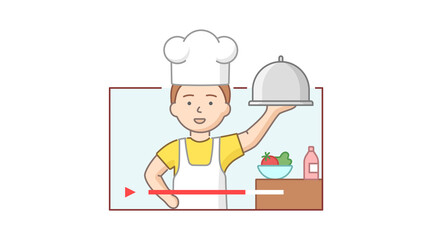 Culinary Vlog Concept. Professional Chef In Uniform Cooking Meal And Record Video. Character Shows Dish Holding It In Hand In Culinary Studio. Cartoon Linear Outline Flat Style. Vector Illustration
