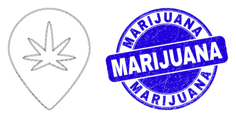 Web mesh cannabis map marker icon and Marijuana stamp. Blue vector rounded scratched seal stamp with Marijuana text. Abstract frame mesh polygonal model created from cannabis map marker icon.