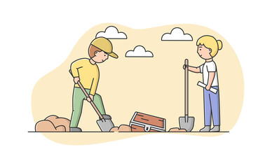 Concept Of Ancient Artifacts And Finding Treasure. Characters Making Excavation Of Ancient Animals Remains. Archeologists Exploring Ancient Culture. Cartoon Linear Outline Flat Vector Illustration