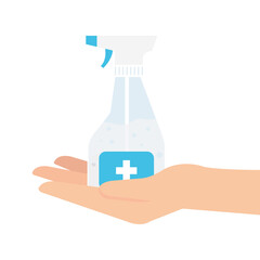 Hand holding hands sanitizer bottle with hands design, Disinfects clean antibacterial and hygiene theme Vector illustration