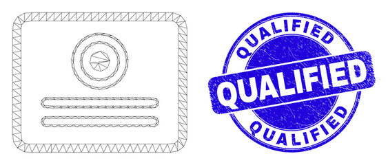 Web mesh certificate pictogram and Qualified seal. Blue vector round scratched seal stamp with Qualified phrase. Abstract carcass mesh polygonal model created from certificate pictogram.