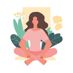 Fototapeta na wymiar Woman doing meditation in the morning surrounded by plants. Minimal vector illustration.