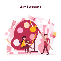 Art education. Male and female artist standing in front of big easel