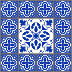 Seamless patchwork tile with Victorian motives. Majolica pottery tile, blue and white azulejo, original traditional Portuguese and Spain decor.  Vector illustration.