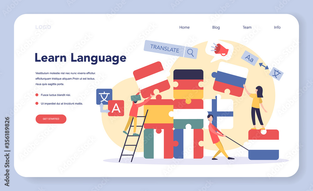 Poster language learning web banner or landing page. study foreign