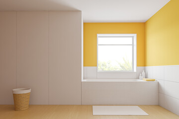 Yellow bathroom interior, a rectangular bathtub and a large window above it. 3d rendering.