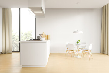 Side view of a kitchen interior with white countertops, a wooden floor and a white table with chairs. 3d rendering.