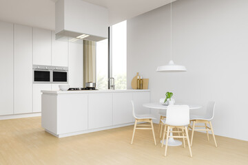 Side view of a modern kitchen with white walls, wooden floors, white countertops, table with chairs. 3d rendering.