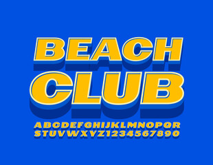 Fototapeta na wymiar Vector modern style emblem Beach Club with 3D Yellow and Blue Font. Trendy Alphabet Letters and Numbers